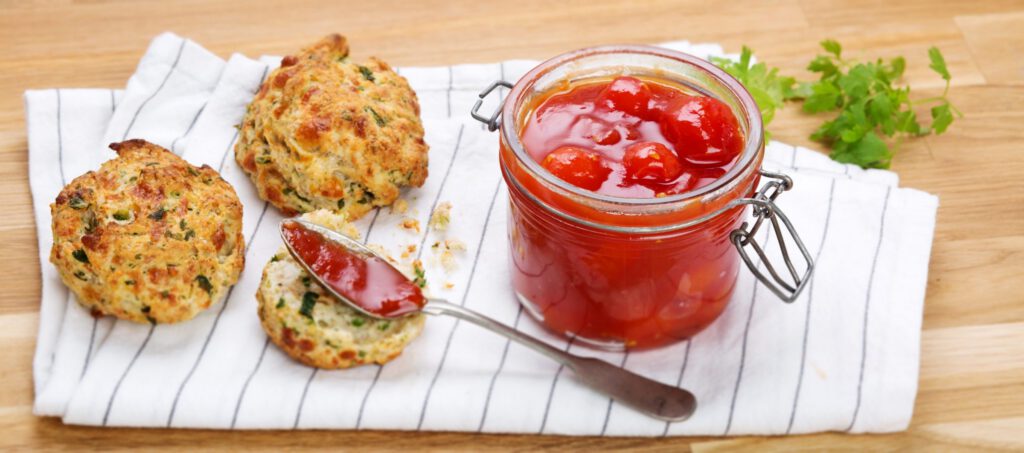 Cherry tomato jam with herb scones