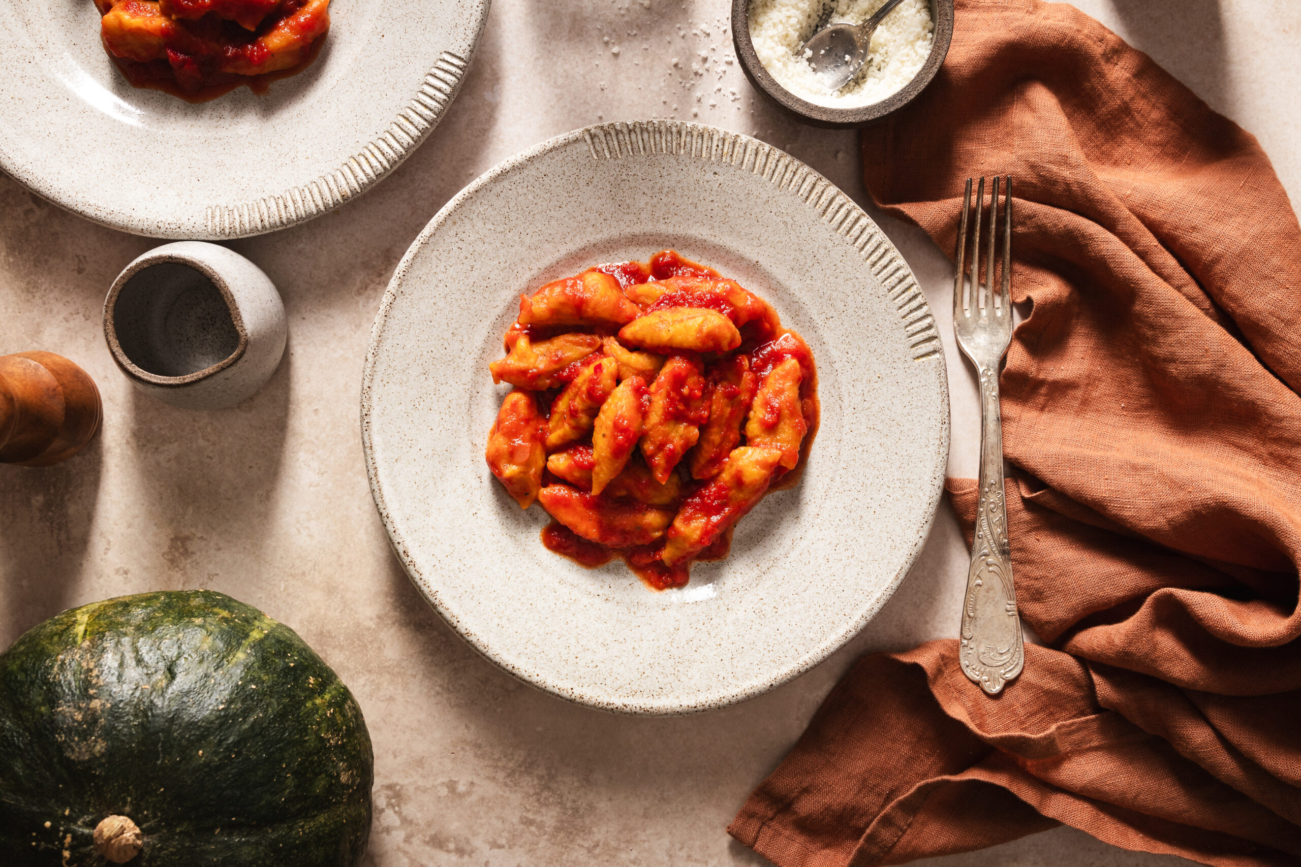 Pumpkin gnocchi with spicy tomato sauce