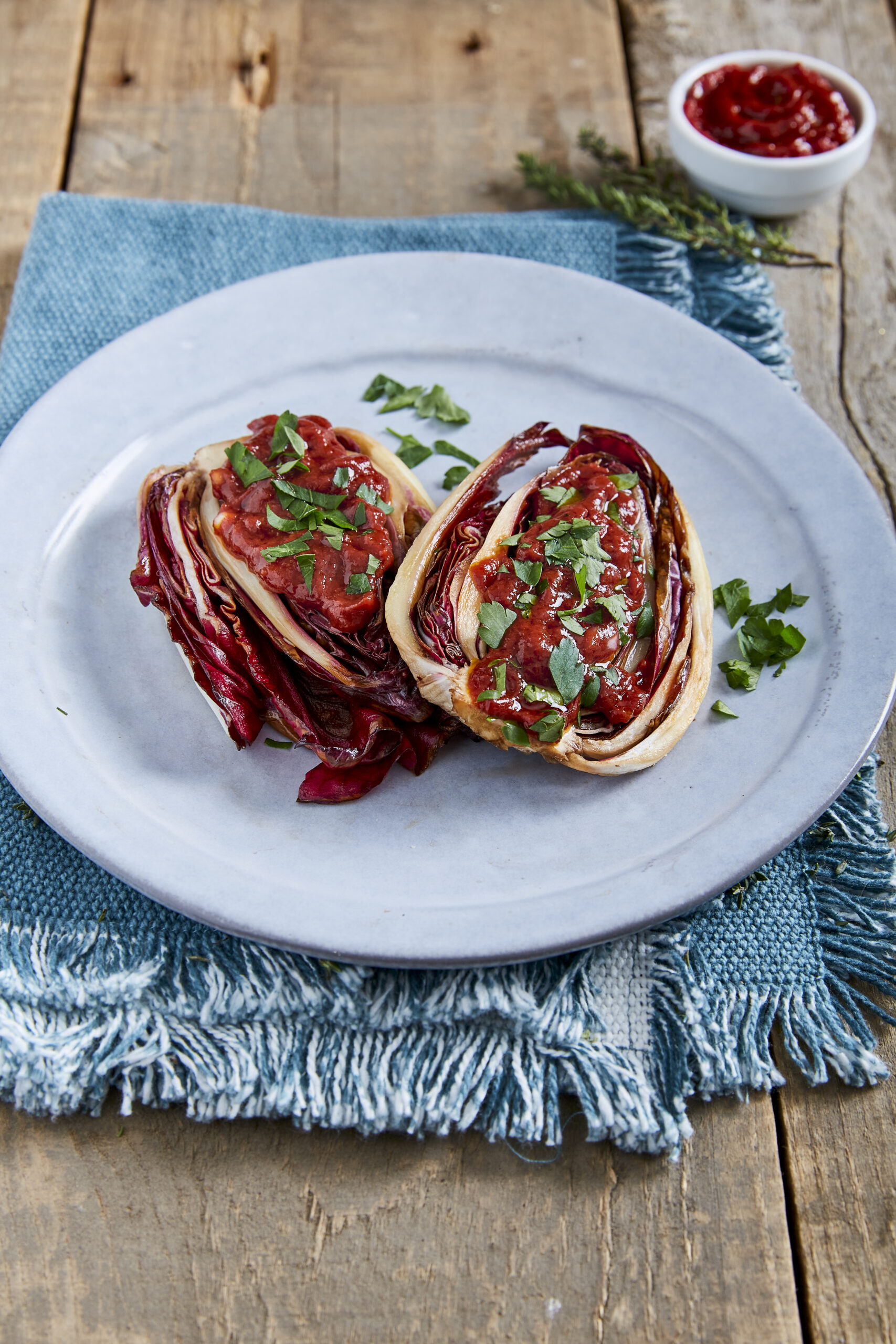 Grilled Radicchio with Tomato-White Balsamic Vinaigrette