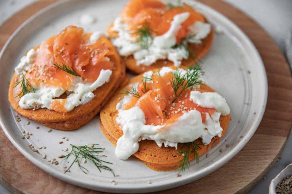 Savoury Tomato Pancakes with salmon and goats cheese fondue