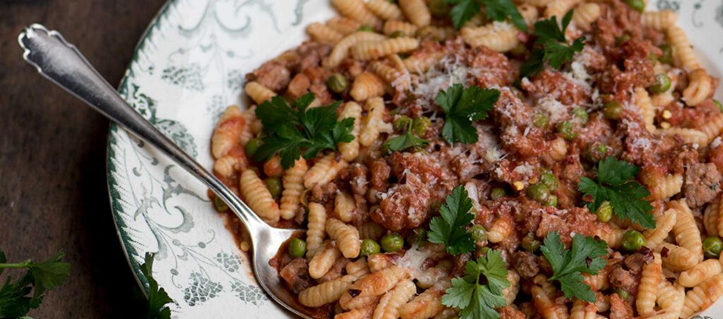 Cavatelli with Pork and Fennel Sausages and Peas