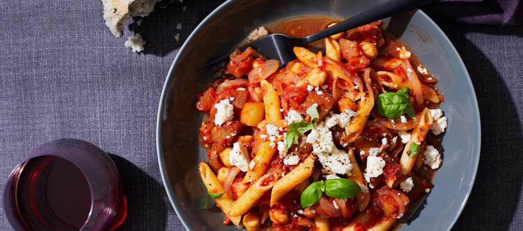 Penne with Tomato Sauce, Eggplant & Chick Peas