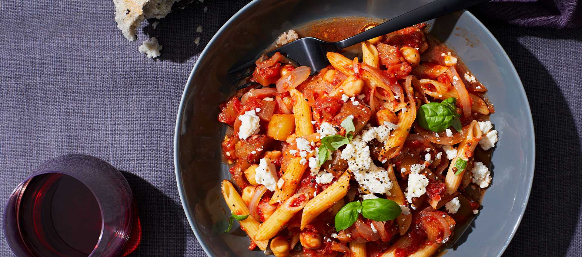 Penne with Tomato Sauce, Eggplant & Chick Peas
