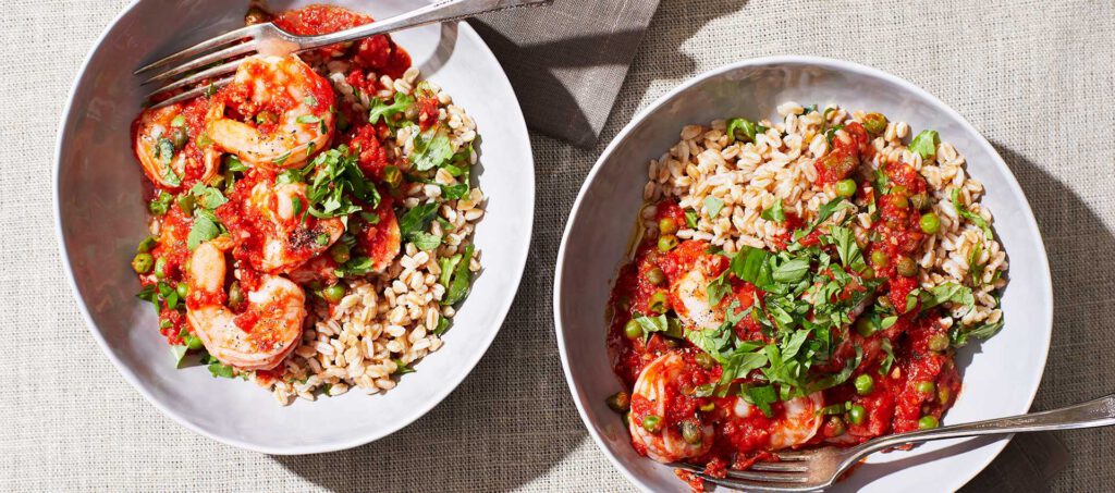 Tomato-Poached Shrimp with Peas, Herbs & Farro