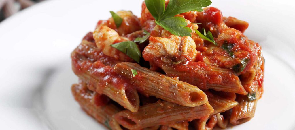Farro pennette pasta with monkfish