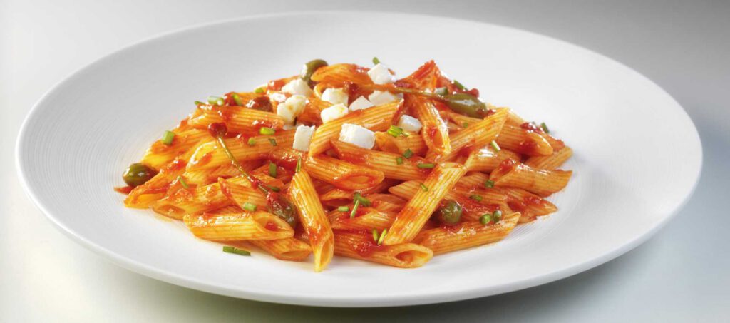 Penne with Mutti Tomato Puree, capers and mozzarella