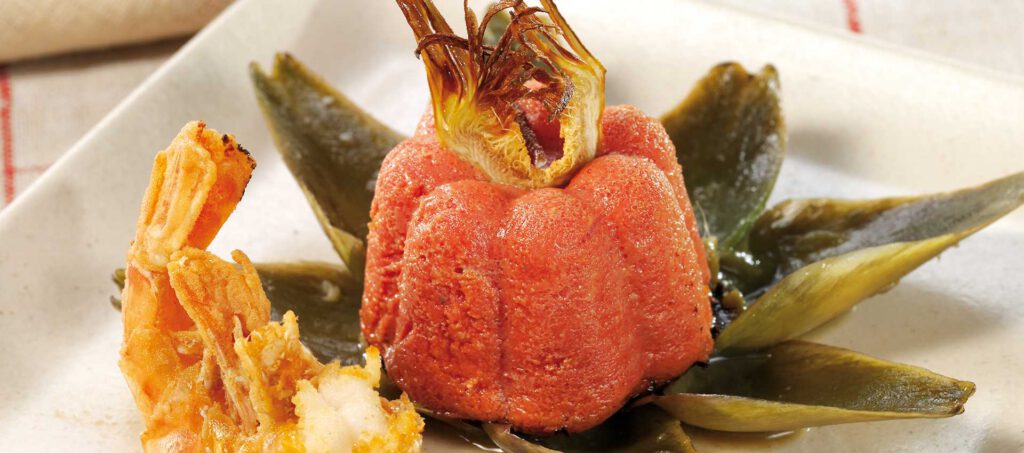 Tomato, artichoke and shrimp flan