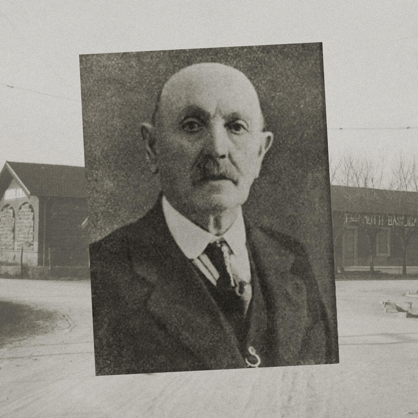 Sepia portrait of a moustached man over the early Mutti factory in Parma