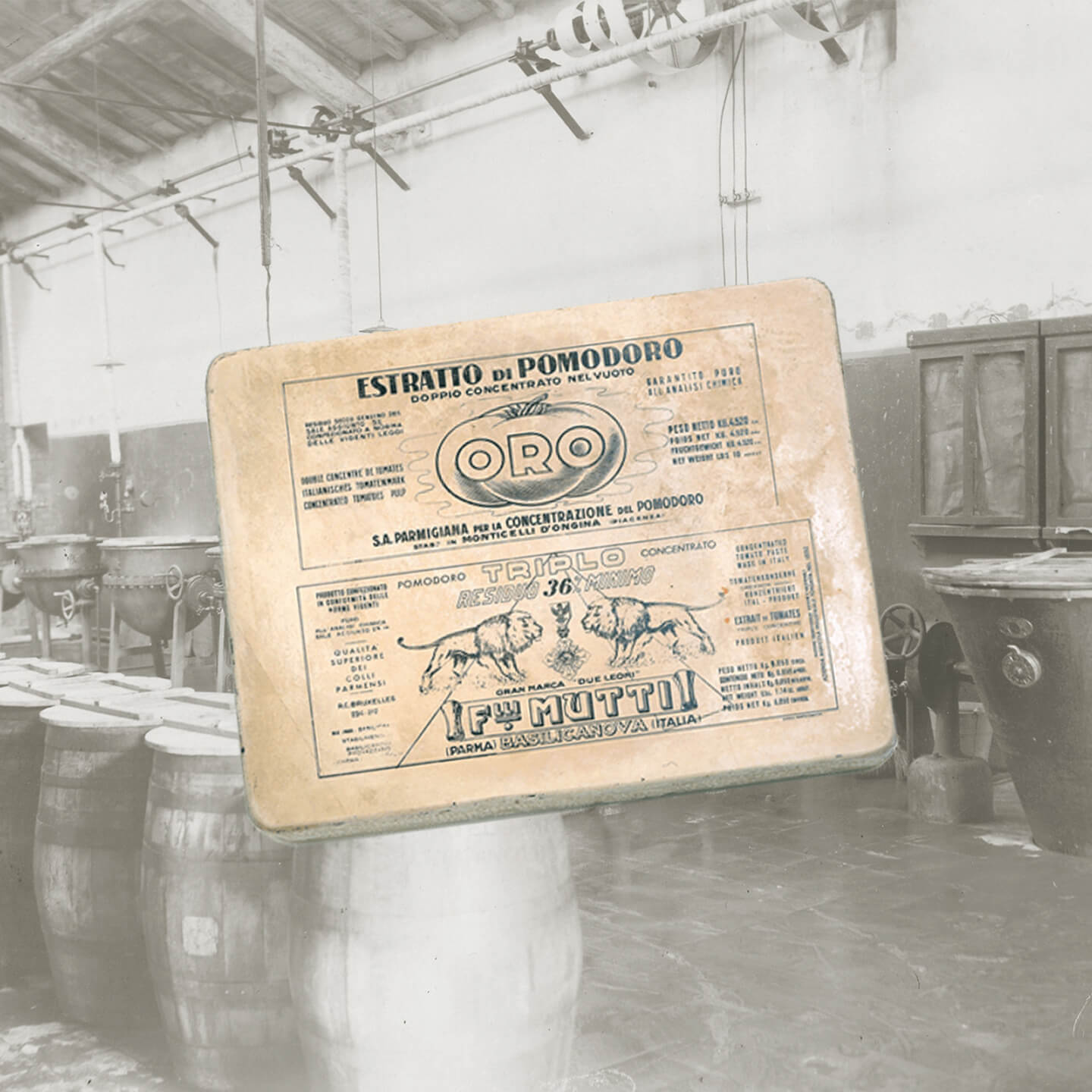 Vintage Oro tomato extract crate label hanging in an old Mutti warehouse