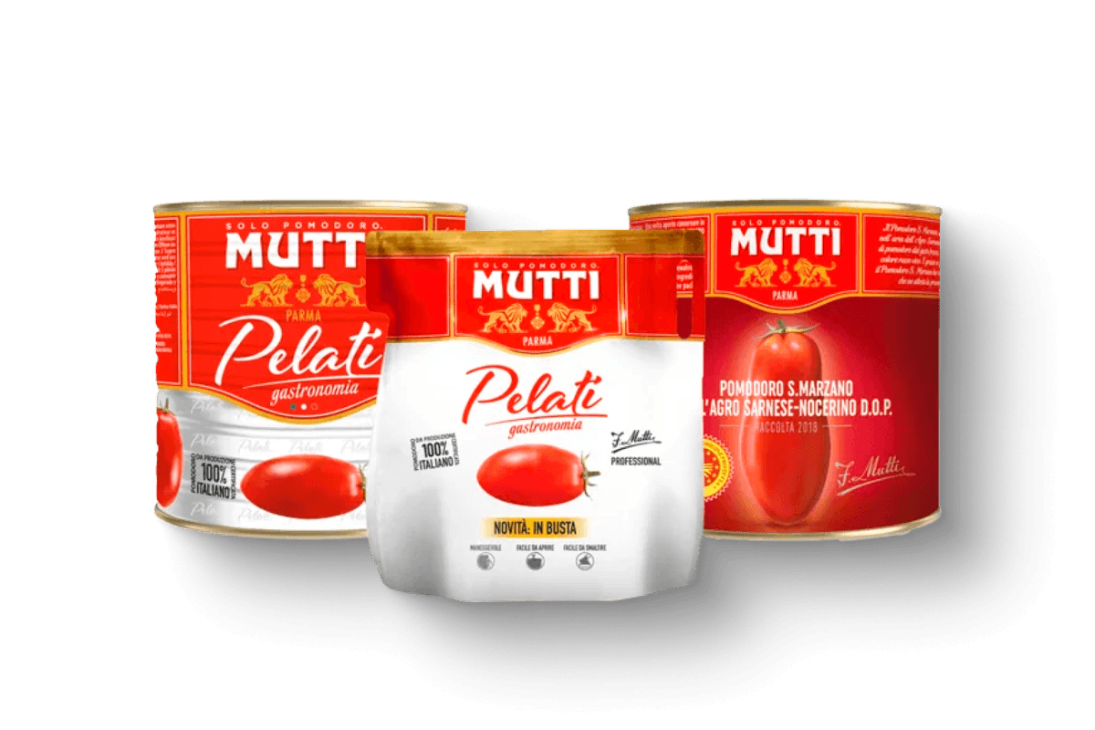 Mutti Pelati peeled tomatoes in a can, pouch and large tin