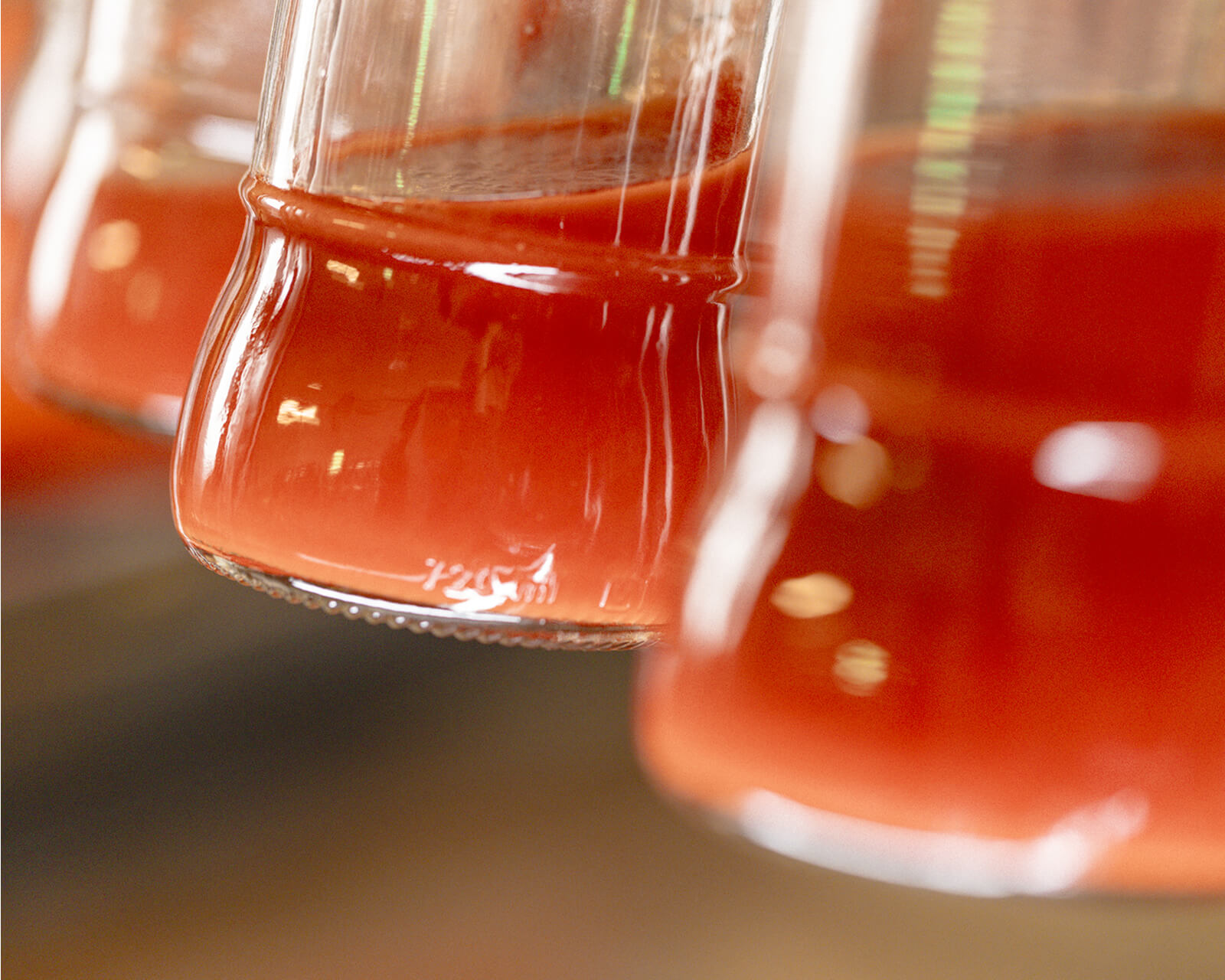Close-up of glass bottles filled with fresh tomato juice