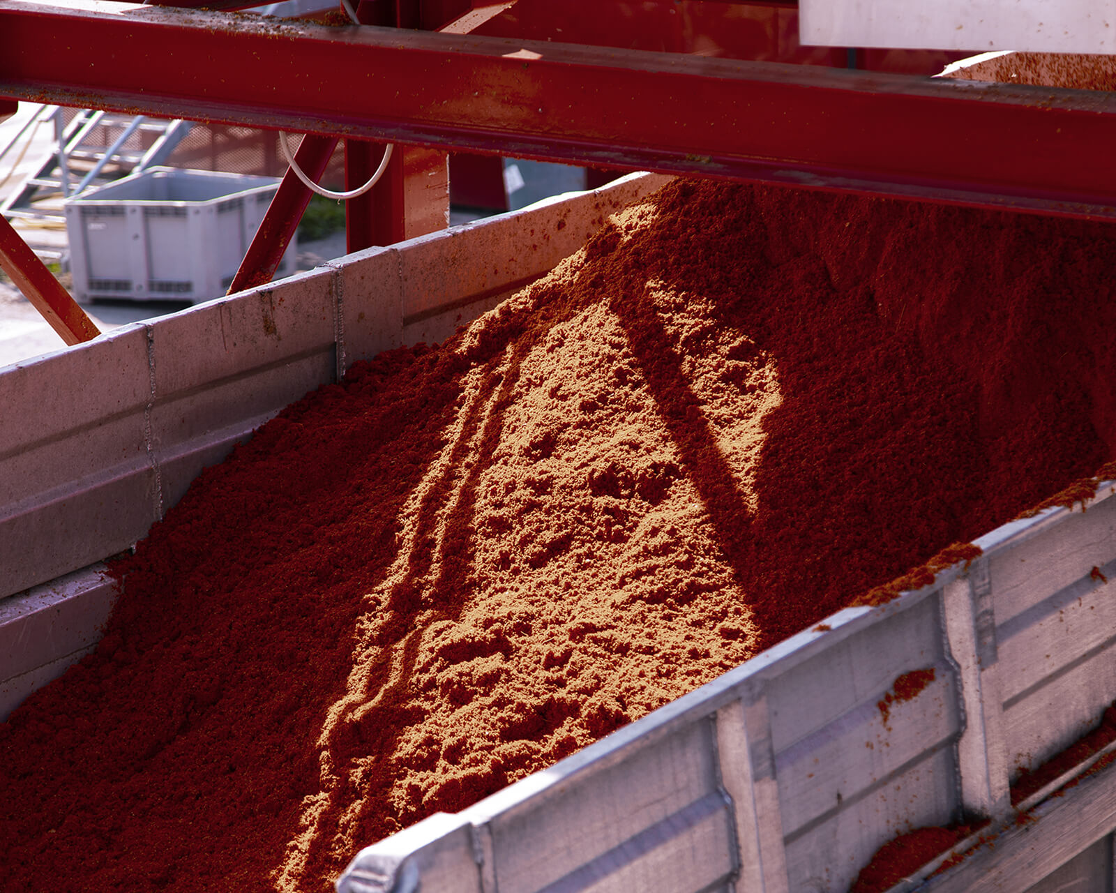Mound of dried tomato powder in a factory container