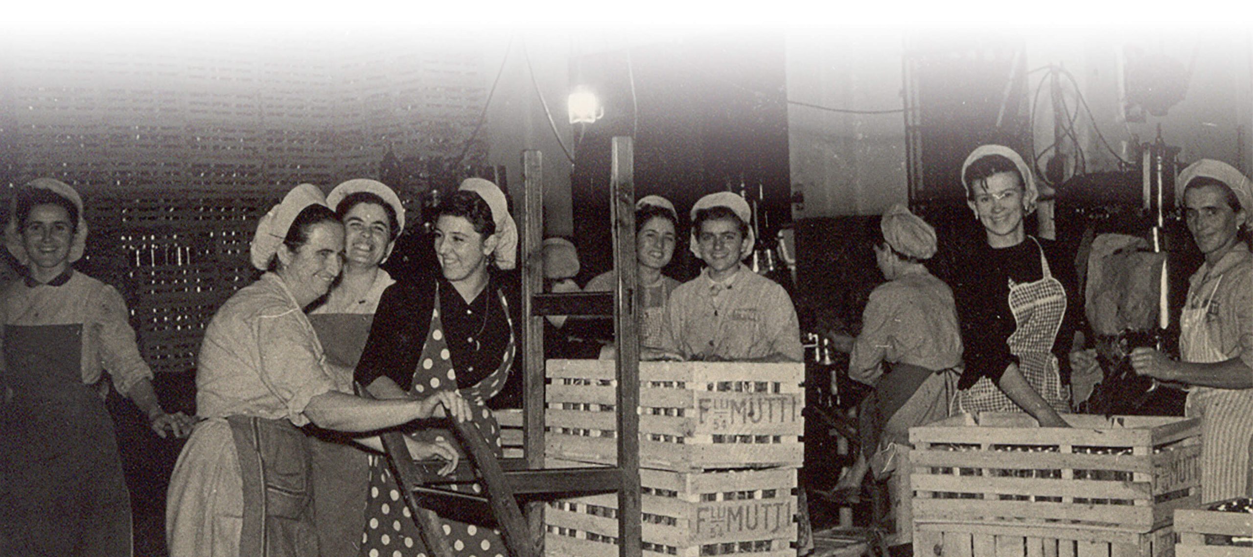 Vintage black-and-white photo of women packing tomatoes into Mutti crates