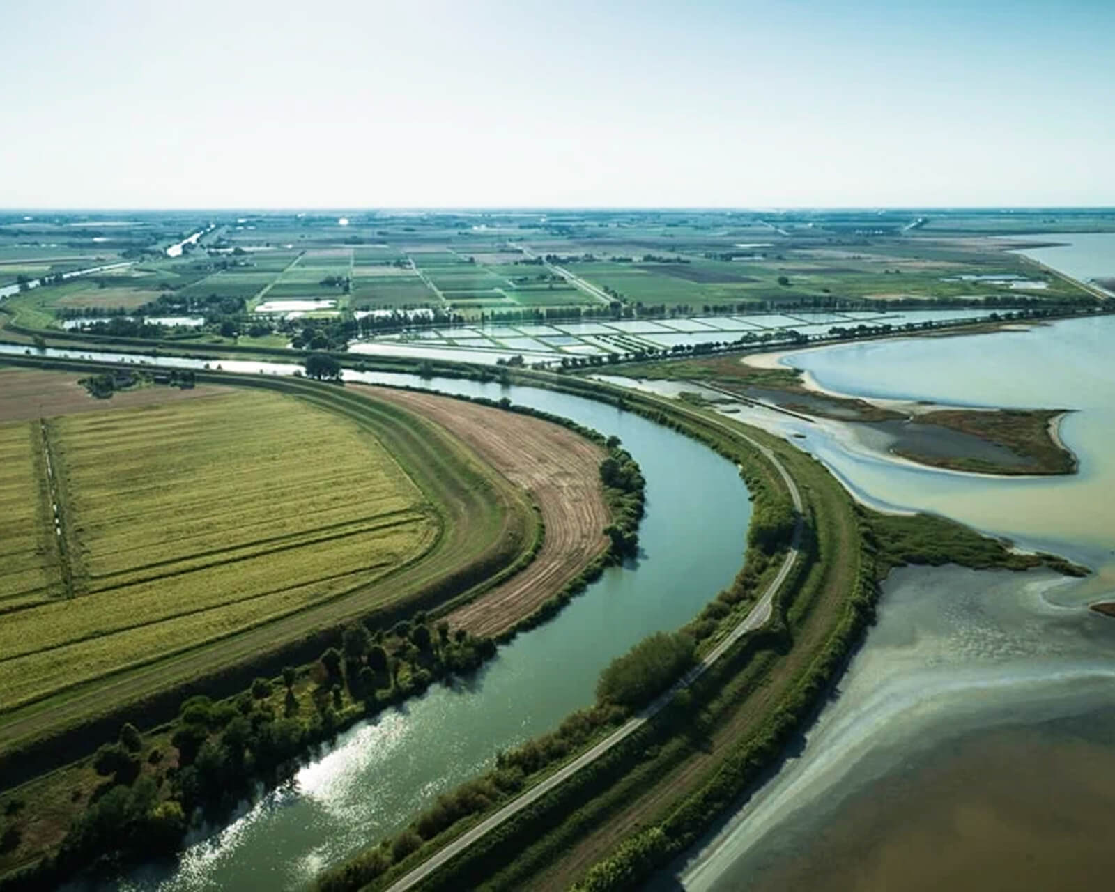 Aerial view of wetlands and canals at Valli di Comacchio