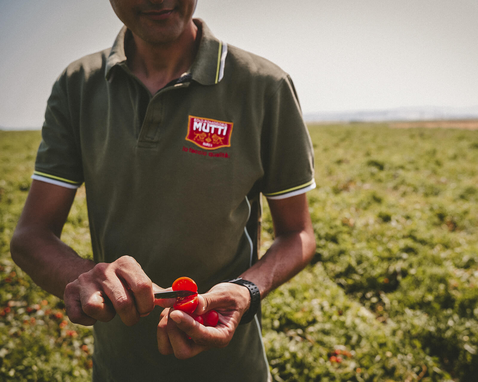 Farmer holding a Mutti quality award trophy by an old tool wall
