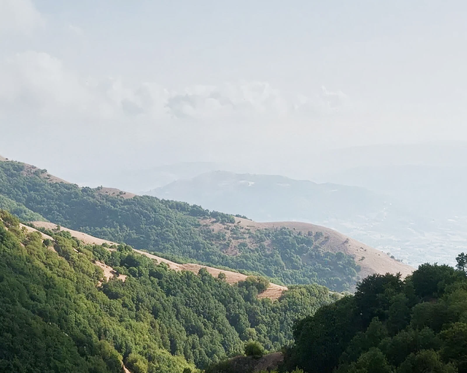 Hazy view of forested hills and mountains in the countryside