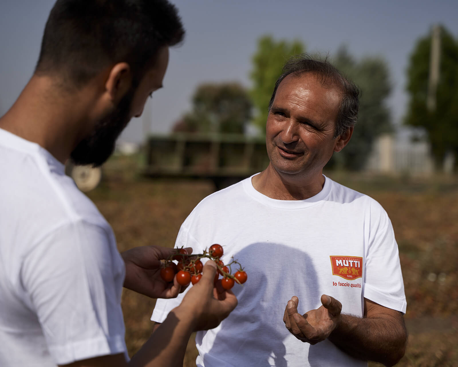 Man in a Mutti polo talking with a farmer holding cherry tomatoes