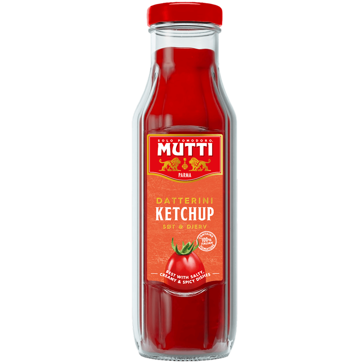 Mutti Ketchup with Baby Roma Tomatoes in a glass bottle
