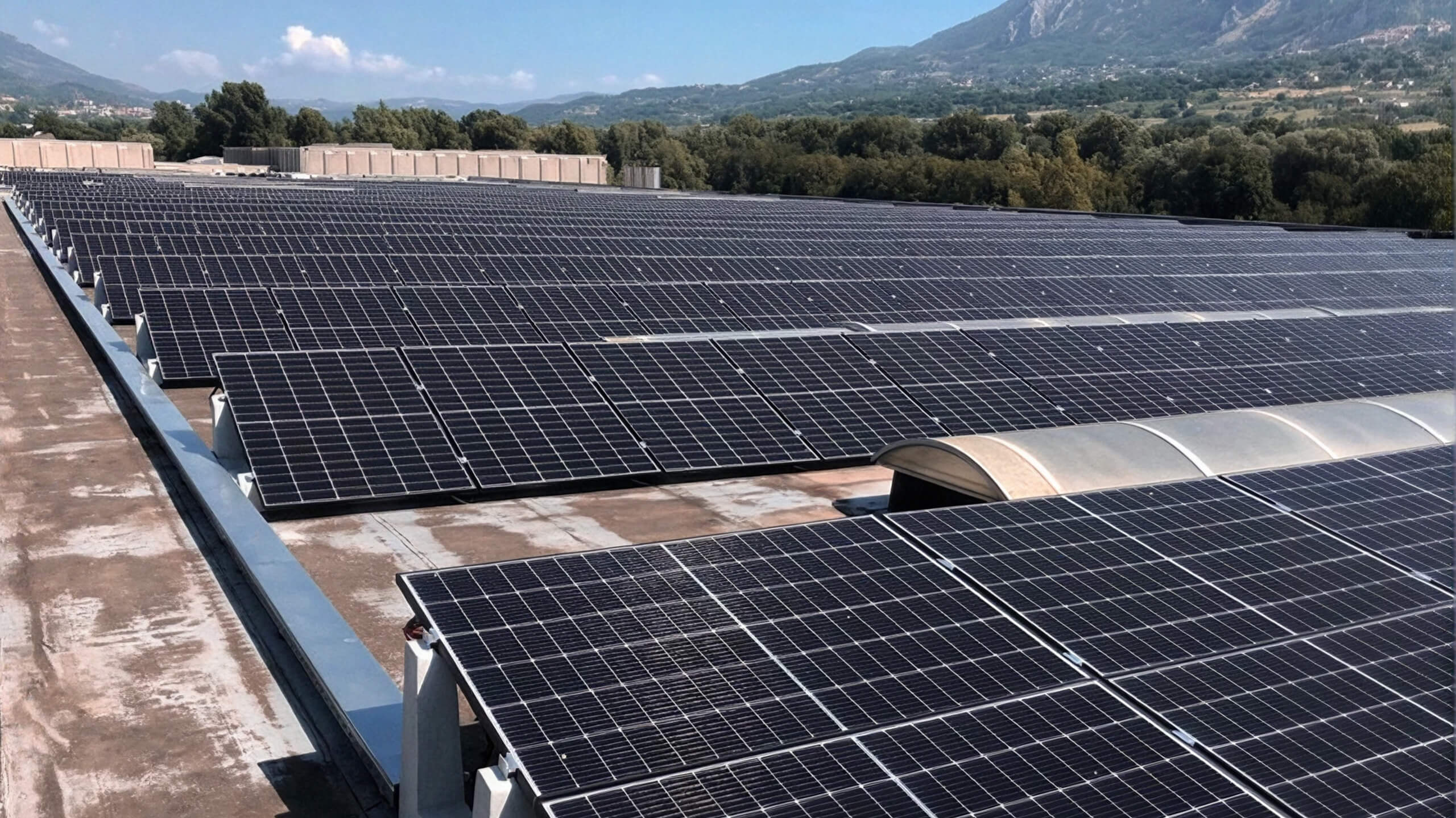 Solar panels covering the Mutti factory roof with mountains behind