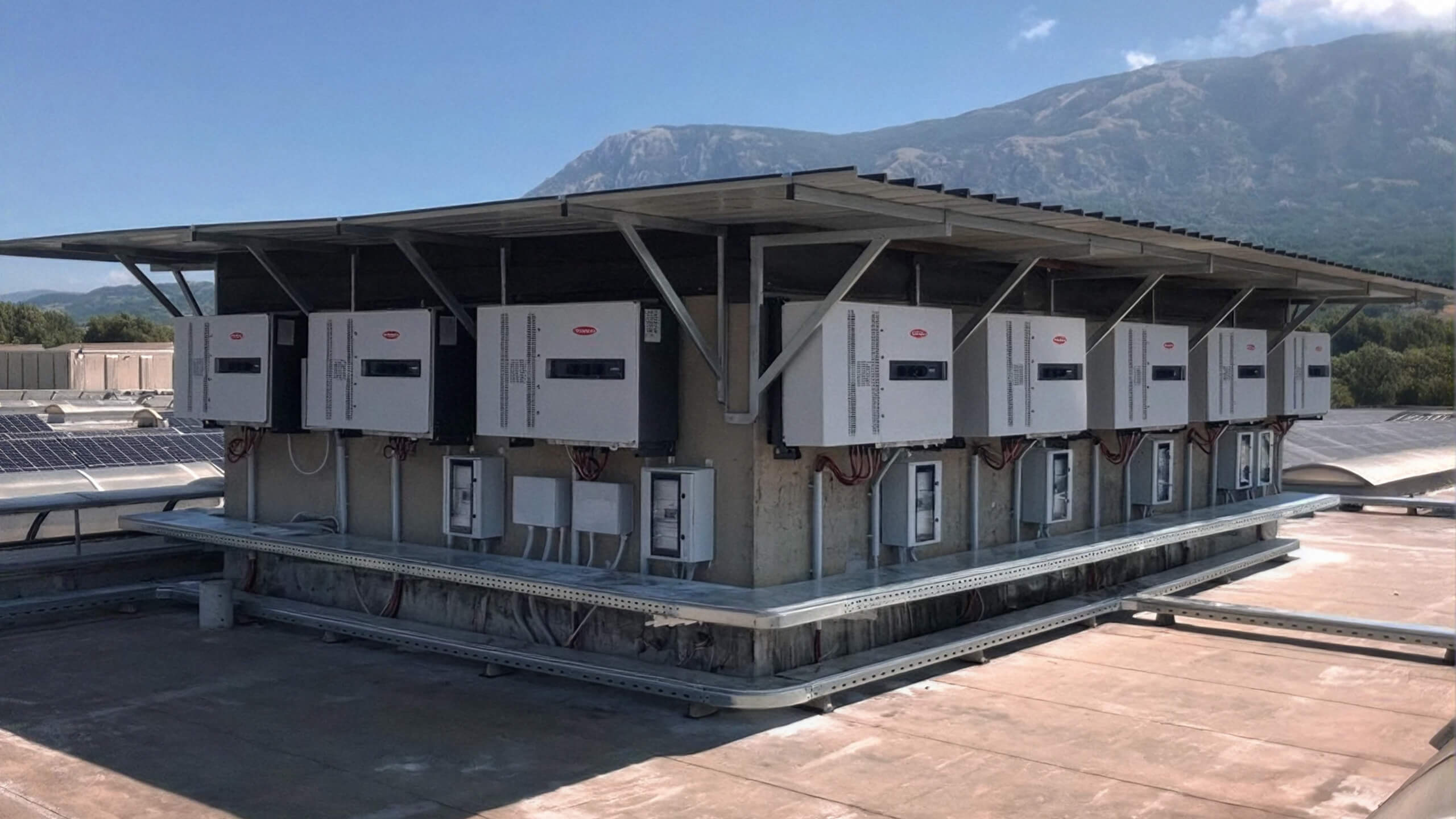 Solar inverter units mounted beneath rooftop panels at the Mutti site