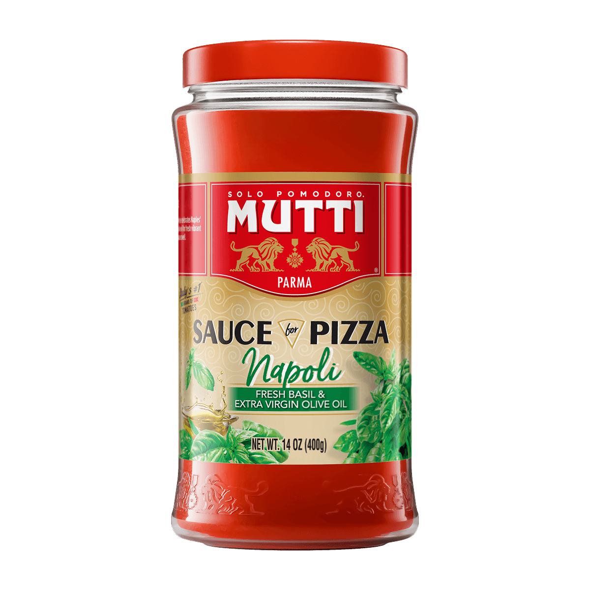 Mutti Sauce for Pizza Napoli with basil and olive oil in a 400g glass jar