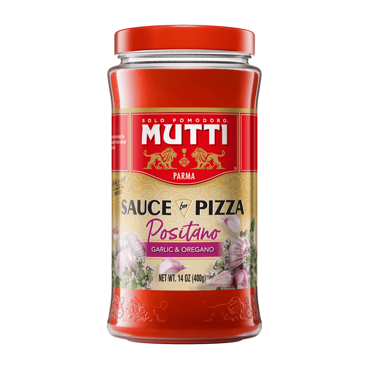 Mutti Sauce for Pizza Positano with garlic and oregano in a 400g glass jar