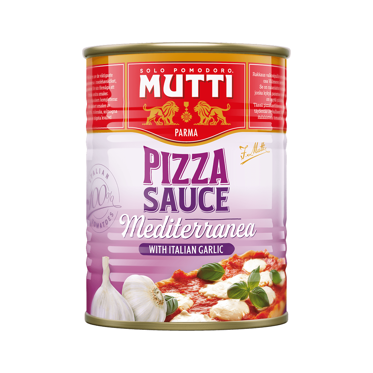 Mutti Pizza Sauce Mediterranea with Italian garlic in a 400g can