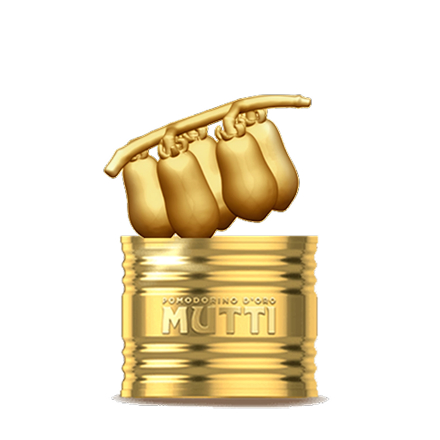 Gold Pomodorino d'Oro trophy shaped like baby Roma tomatoes on a Mutti can