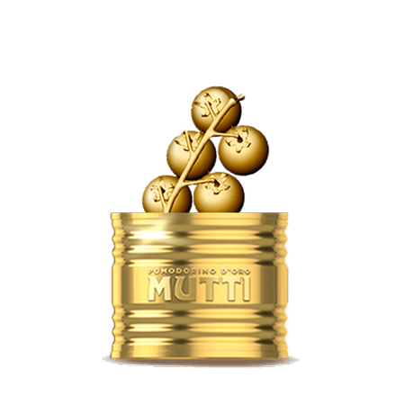 Gold Pomodorino d'Oro trophy shaped like a cherry tomato cluster on a Mutti can