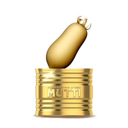 Gold Pomodorino d'Oro trophy shaped like a plum tomato on a Mutti can