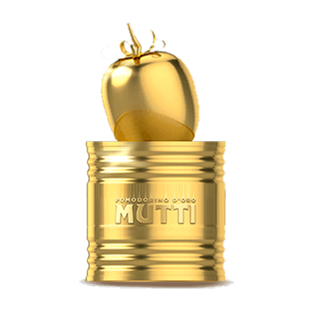 Gold Pomodorino d'Oro trophy shaped like a round tomato on a Mutti can