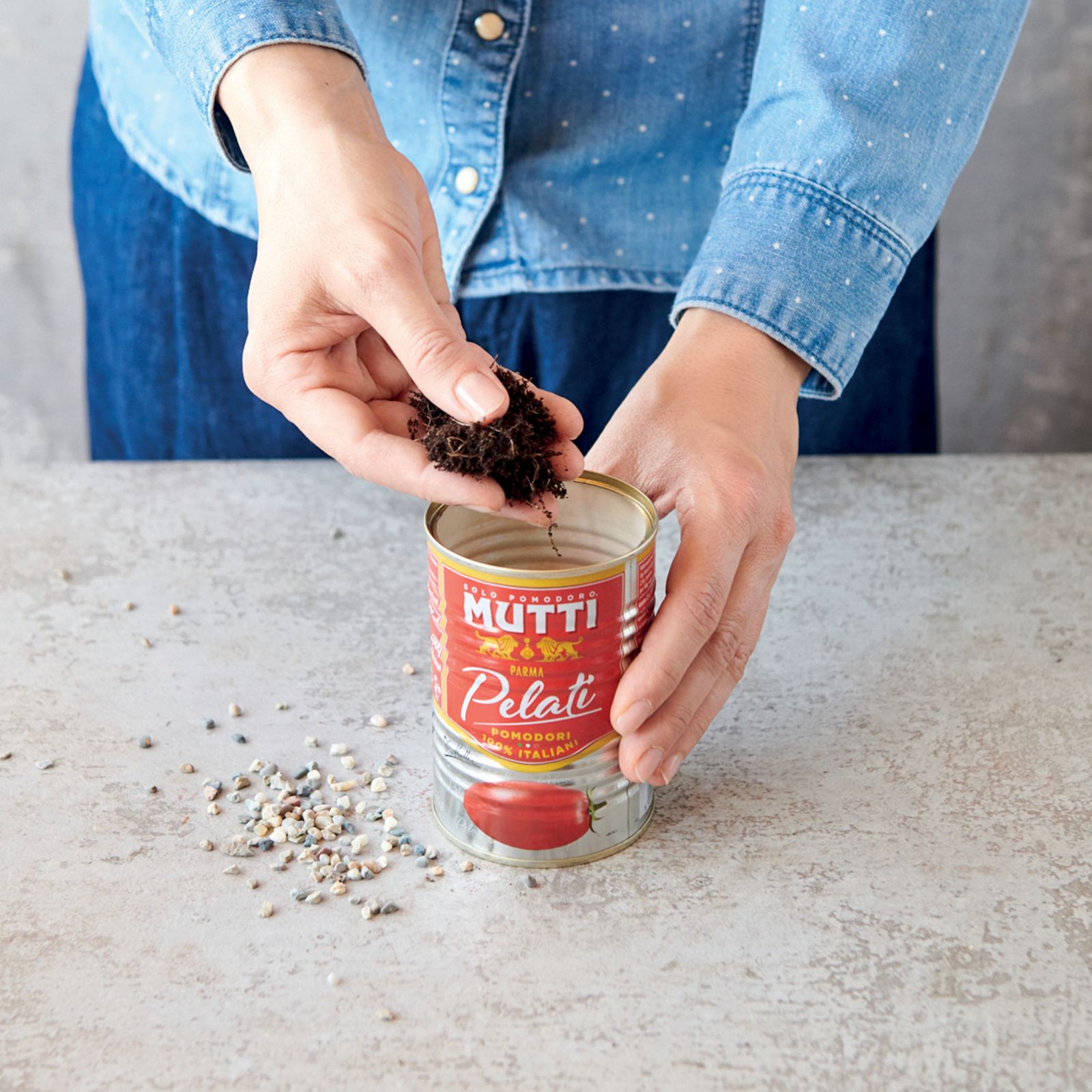Hands adding potting soil into a Mutti Pelati can planter