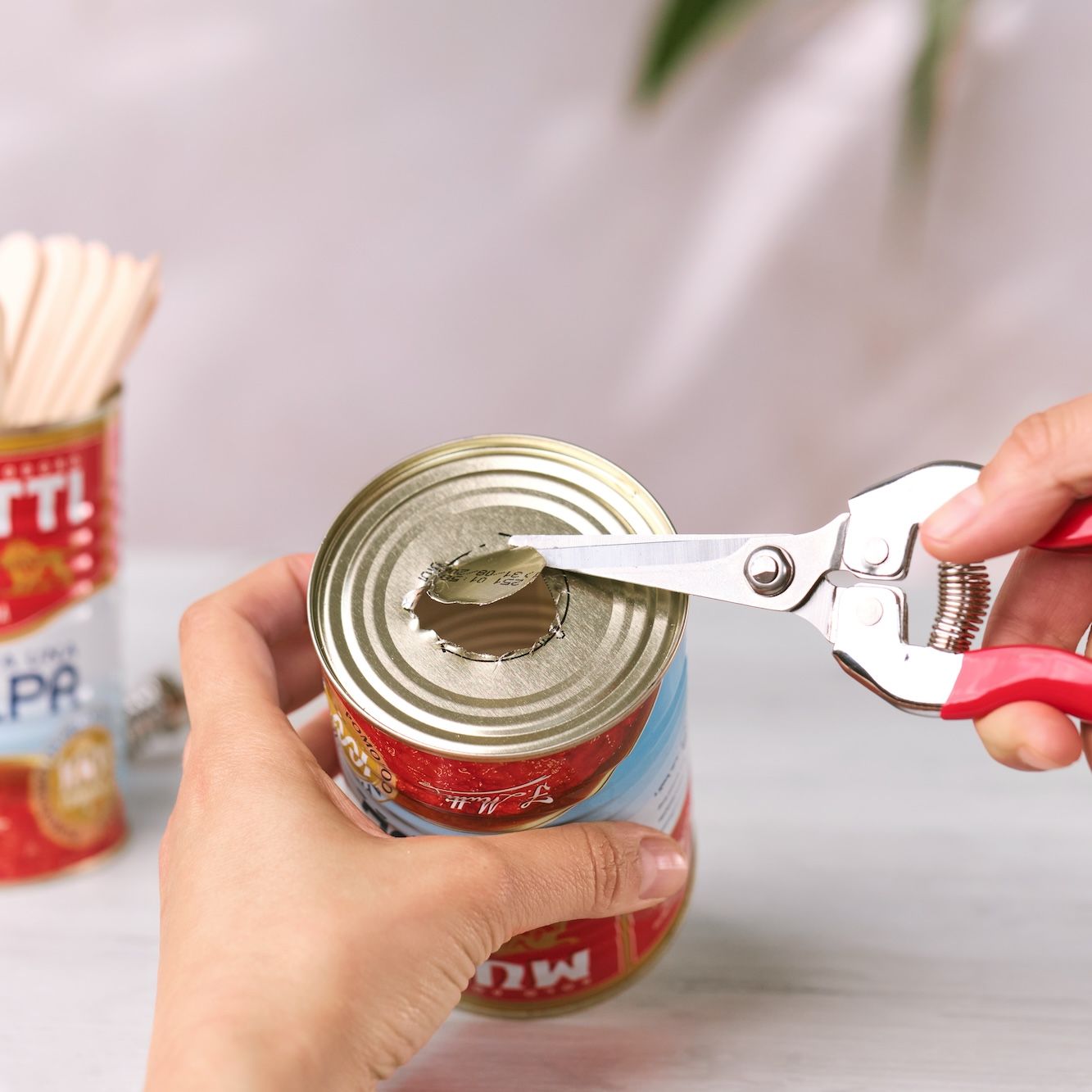 Cutting the lid off a Mutti Polpa can with metal shears
