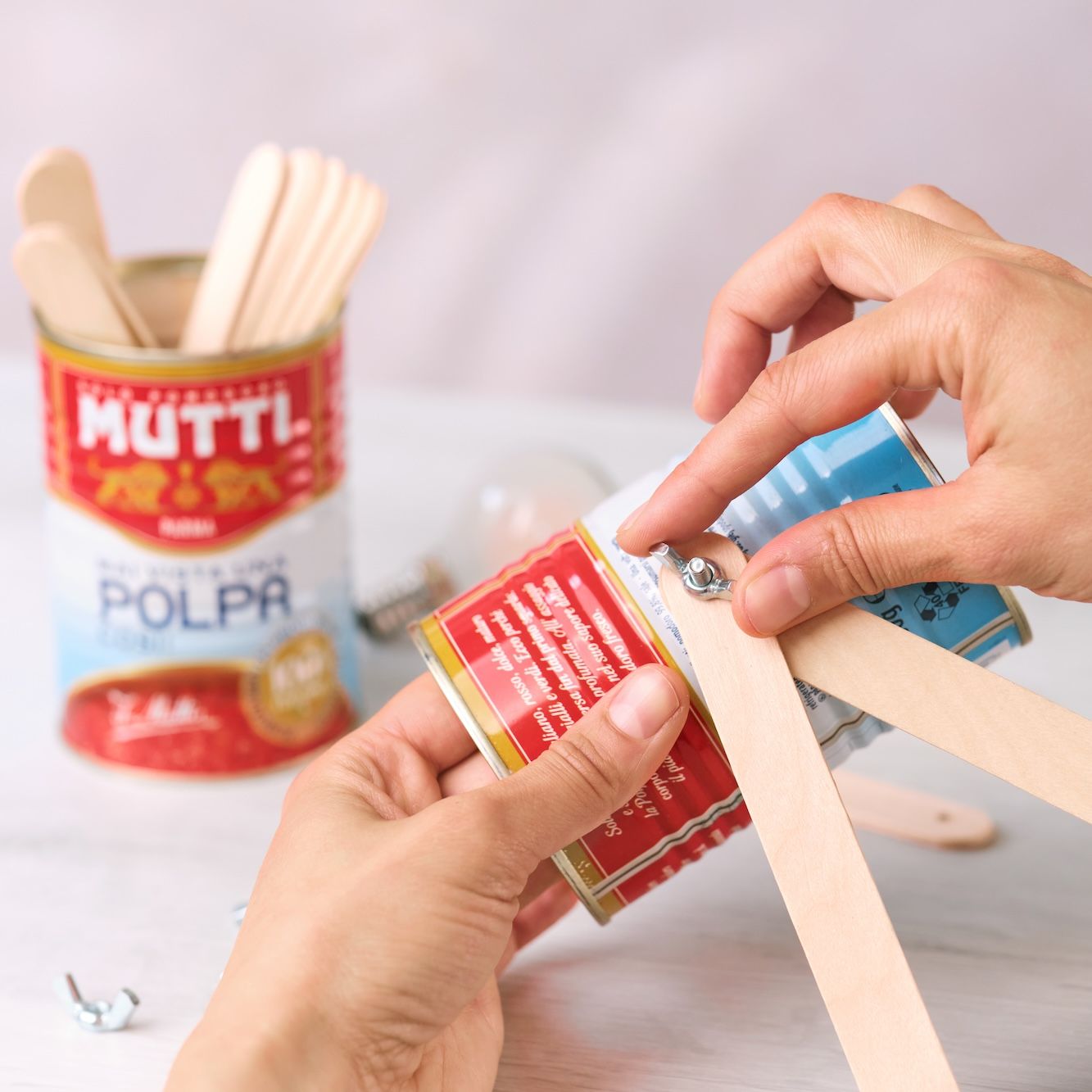 Securing wooden sticks to a Mutti Polpa can with a wing nut