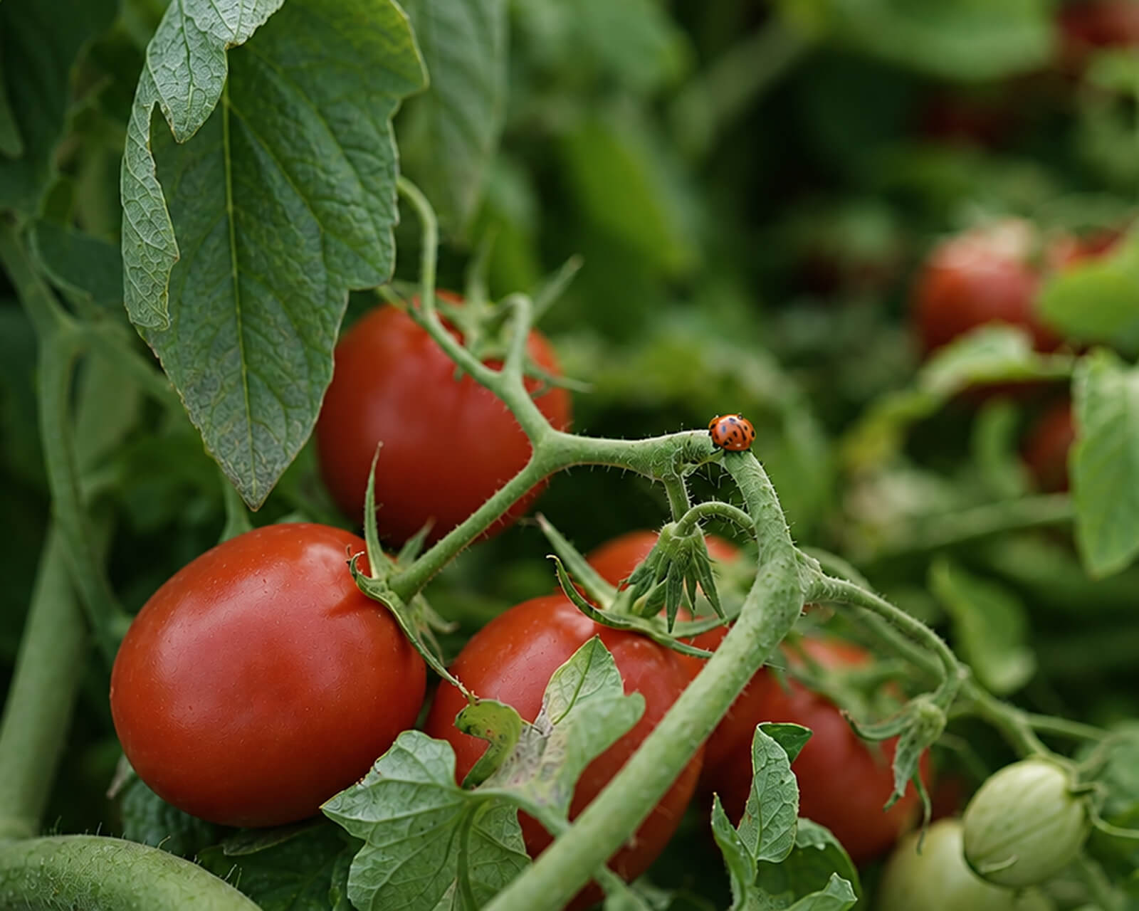 Ripe tomatoes on the vine with a ladybird among the leaves
