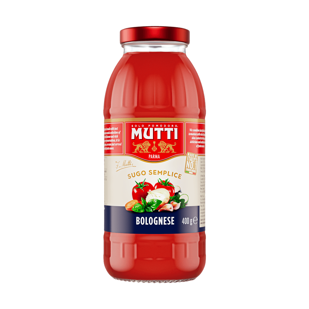 Mutti Sugo Semplice Bolognese pasta sauce in a 400g glass bottle