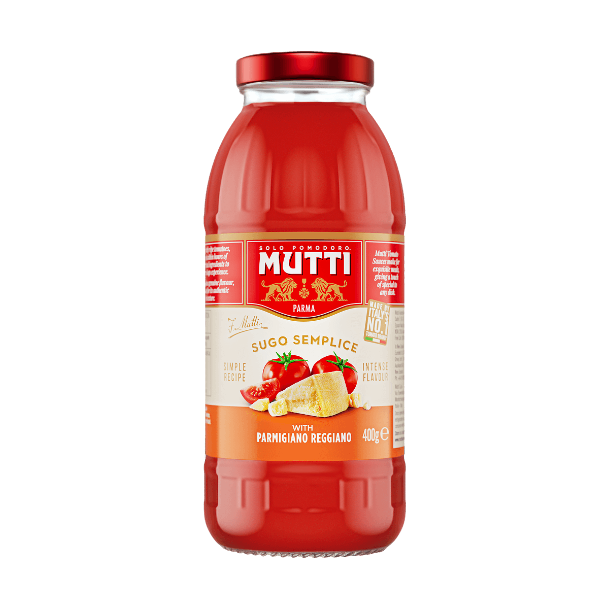 Mutti Sugo Semplice with Parmigiano Reggiano in a 400g glass bottle
