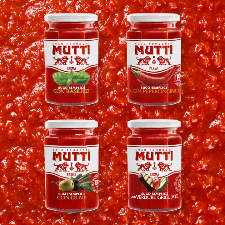 Four jars of Mutti pasta sauces with basil, chilli, olives and grilled vegetables