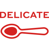 Red spoon icon labelled delicate representing Mutti Whole Peeled Tomatoes' flavour