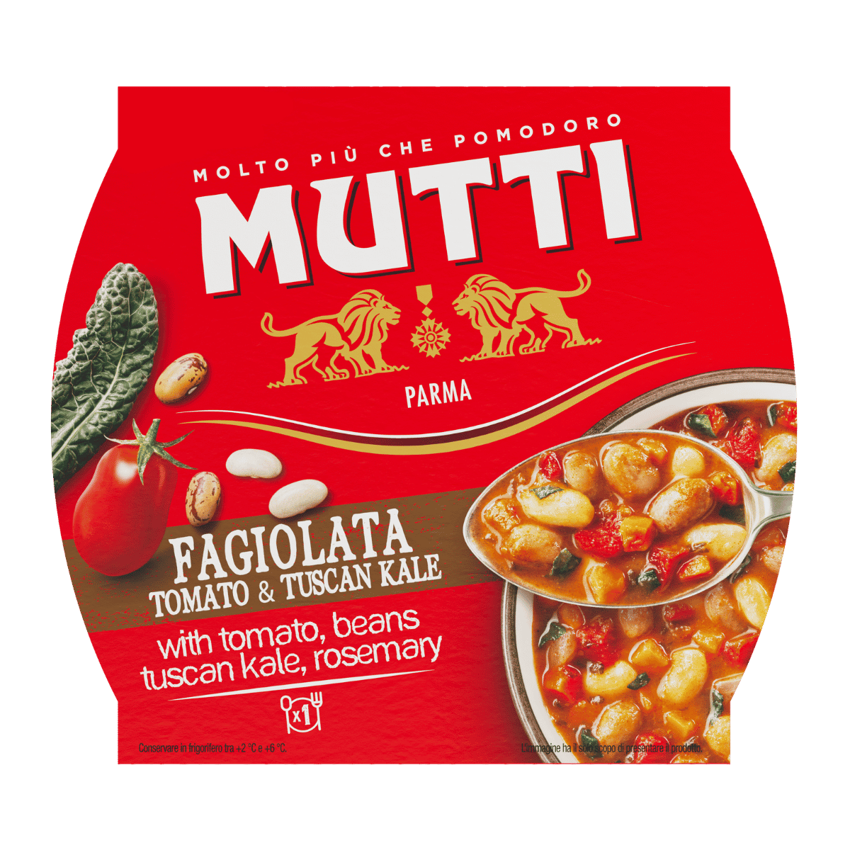 Mutti Fagiolata Soup with Tomato and Tuscan Kale in a plastic cup