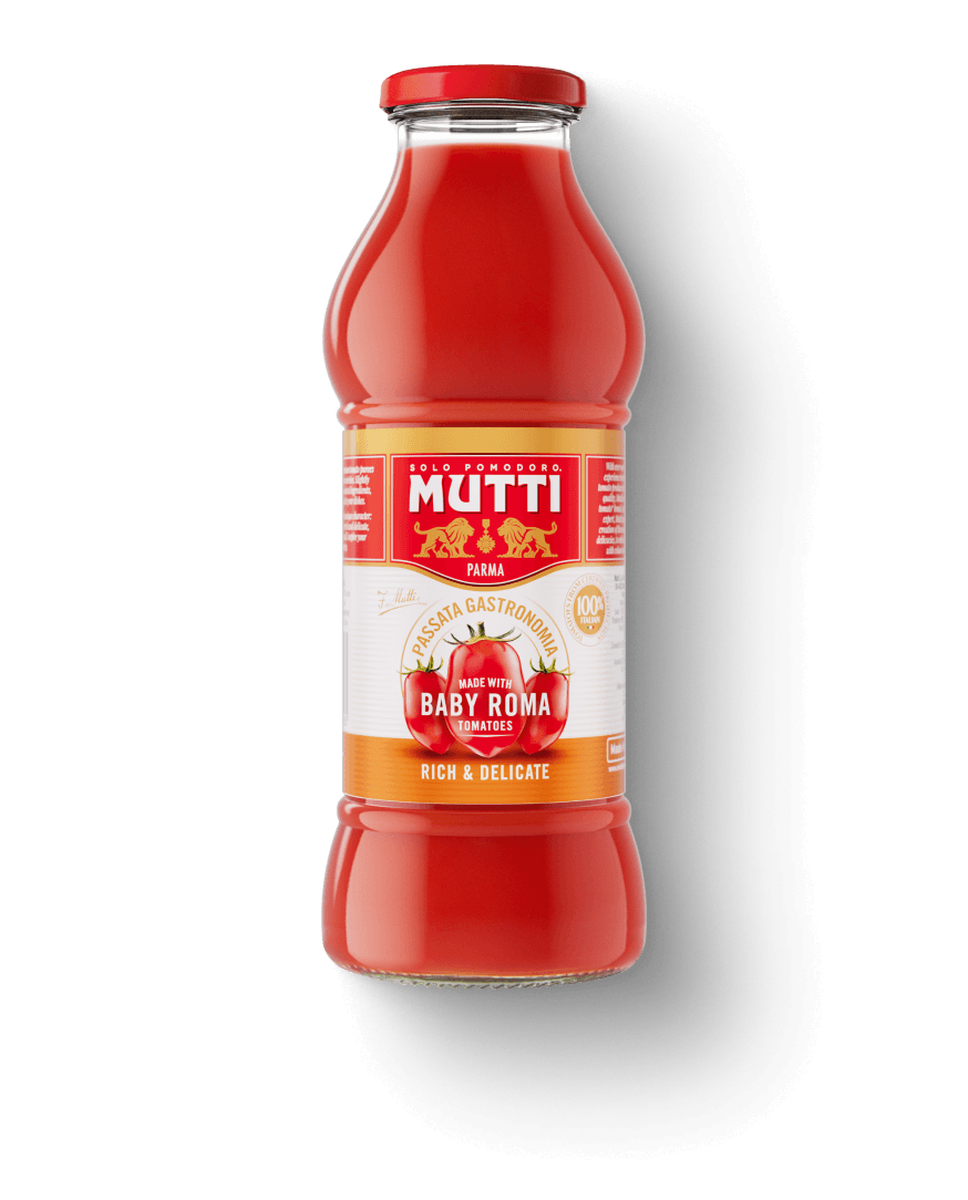 Mutti Passata Gastronomia with Baby Roma Tomatoes in a glass bottle
