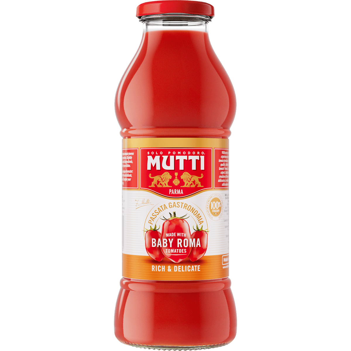 Mutti Passata Gastronomia with Baby Roma tomatoes in a 400g glass bottle