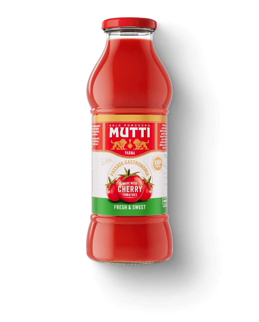 Mutti Passata Gastronomia with Cherry Tomatoes in a glass bottle