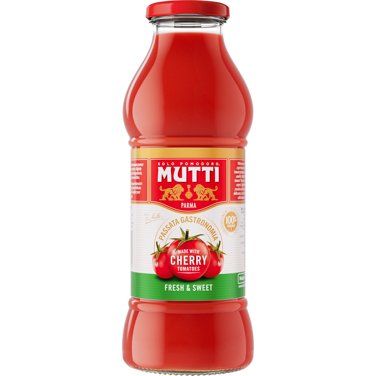 Mutti Passata Gastronomia with cherry tomatoes in a 400g glass bottle