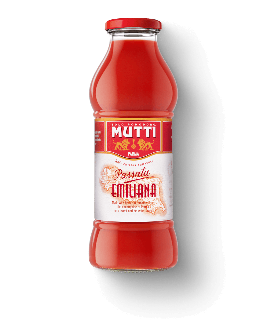 Mutti Passata Emiliana with Baby Roma Tomatoes in a glass bottle
