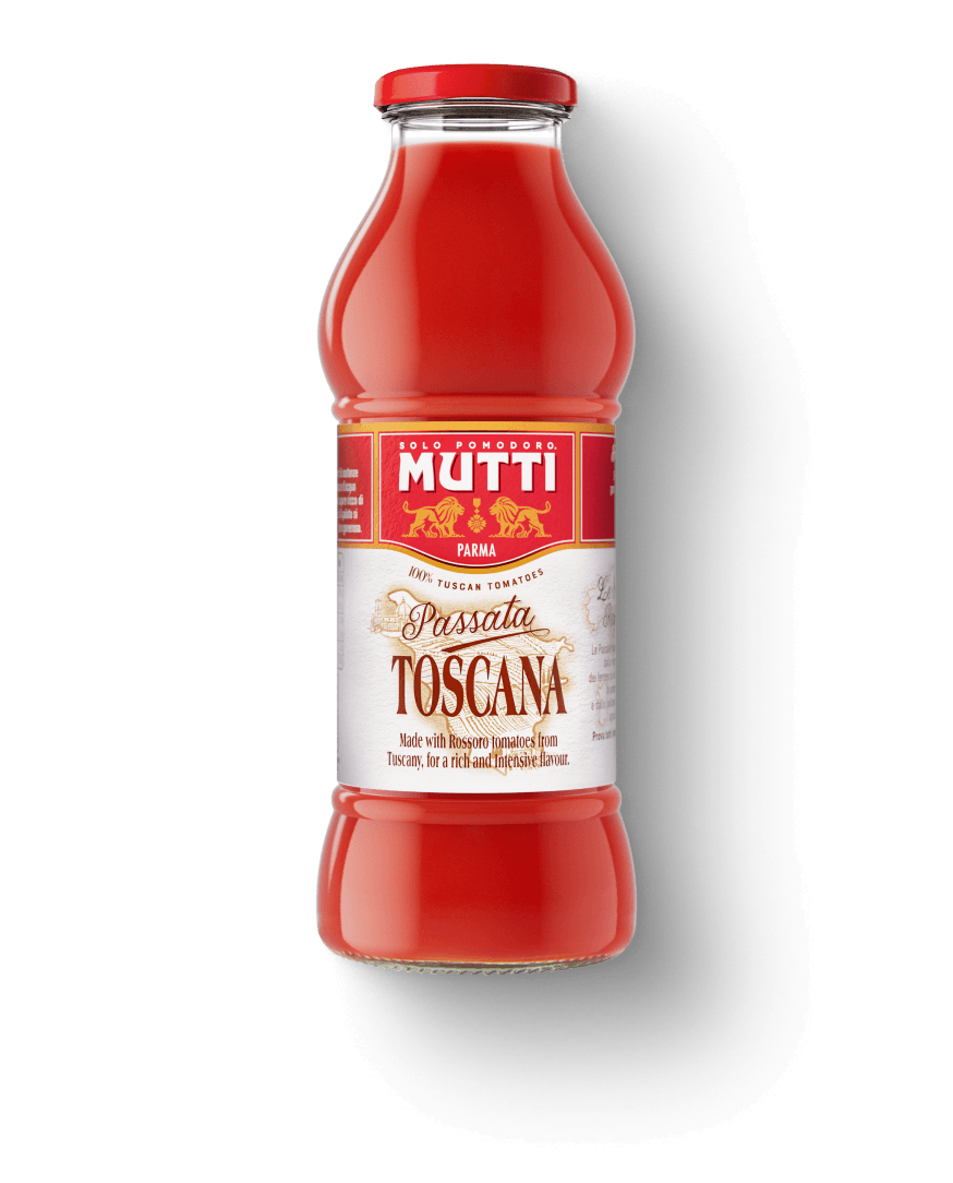 Mutti Passata Toscana with Rossoro Tomatoes in a glass bottle