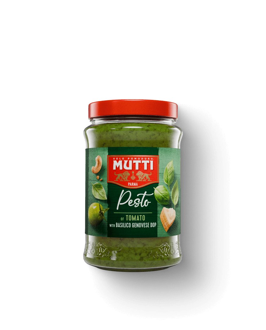 Mutti Green Tomato Pesto with Genovese basil in a glass jar