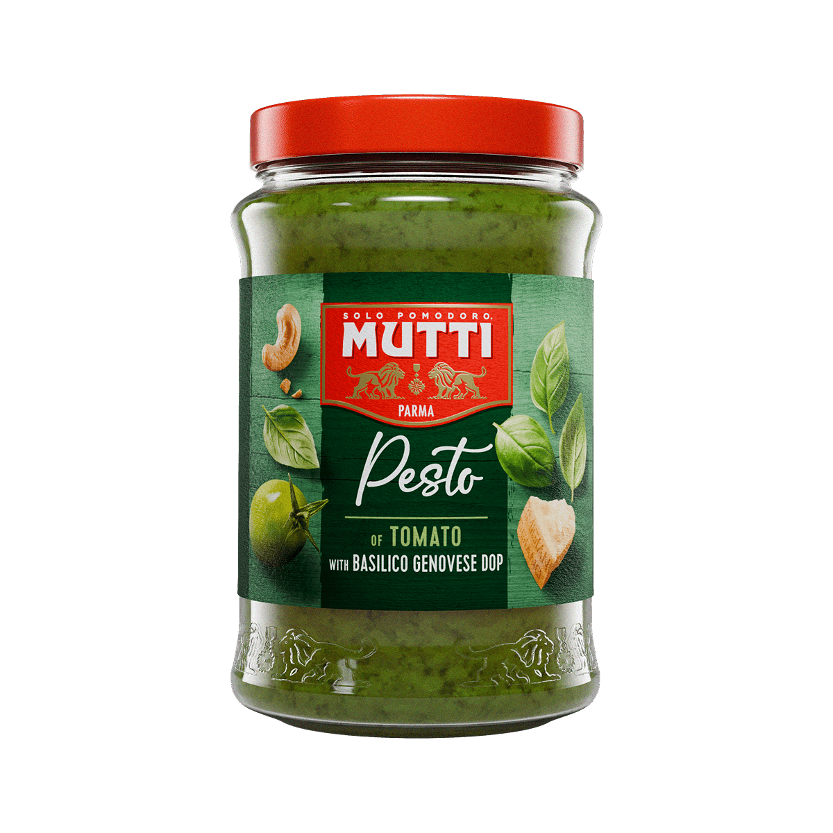 Mutti Green Tomato Pesto with Genovese basil in a glass jar
