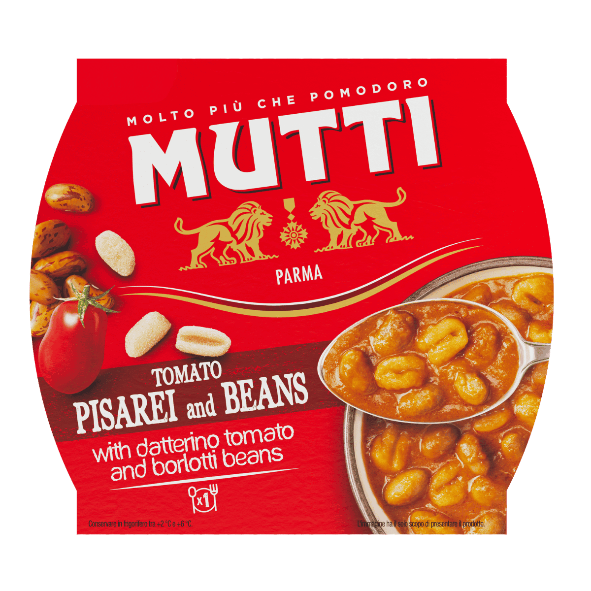 Mutti Pisarei Soup with Tomato and Beans in a plastic cup