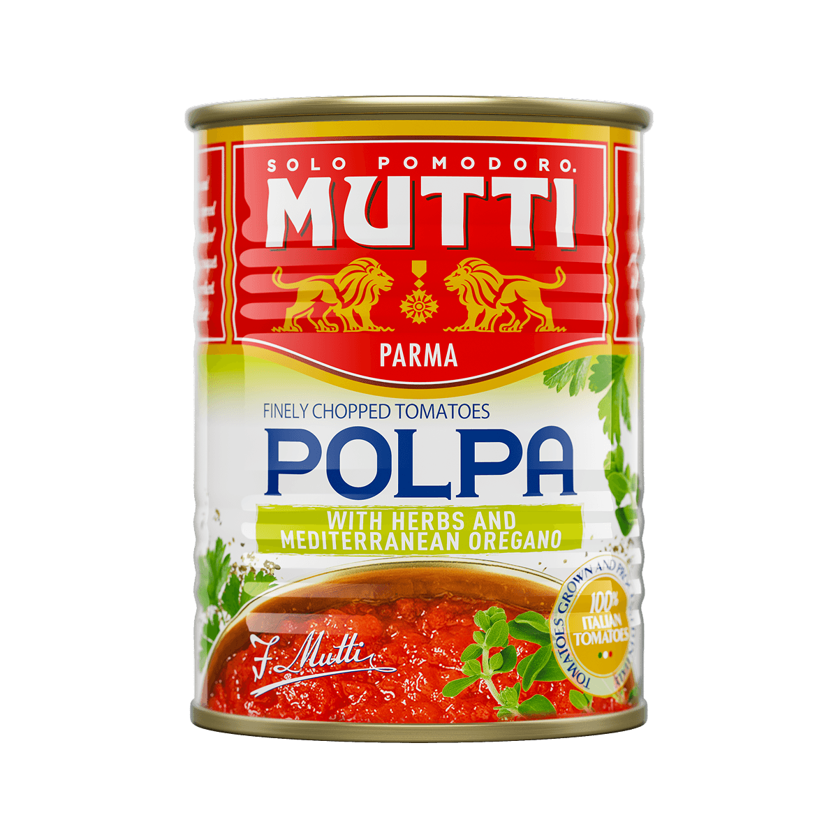 Mutti Polpa with herbs and Mediterranean oregano in a 400g can